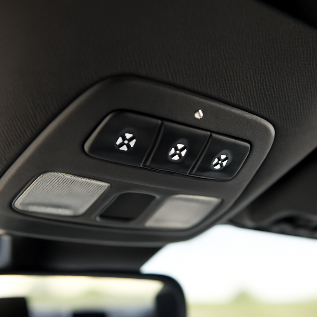 Attaching Garage Door Opener Clip for Thick Visor 7 Close-up of built-in HomeLink buttons on a car overhead console with house-shaped icons