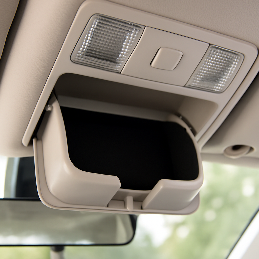 Attaching Garage Door Opener Clip for Thick Visor 6 Open overhead console storage compartment in an SUV suitable for mounting a garage door remote