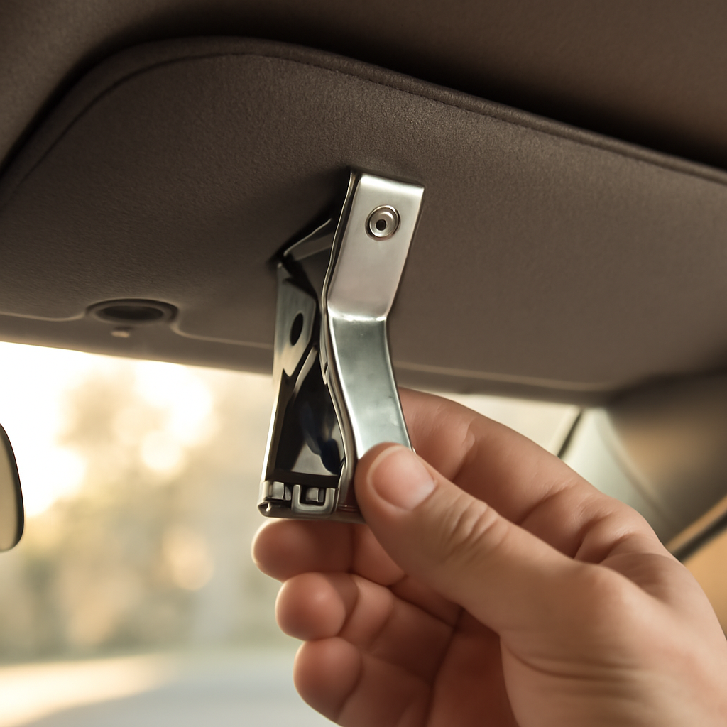 Attaching Garage Door Opener Clip for Thick Visor 2 Hand attaching heavy-duty garage door opener clip to a thick padded car sun visor