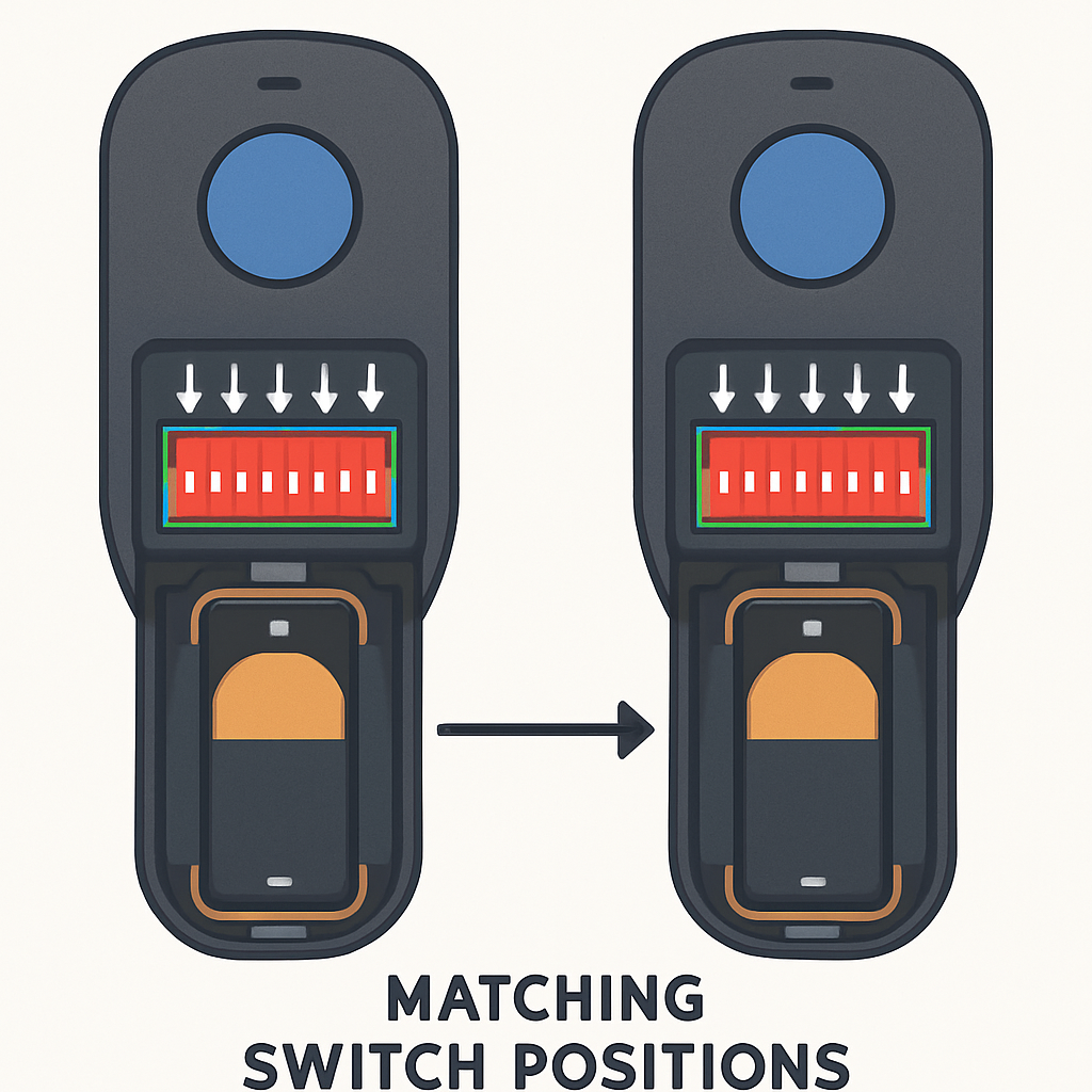 How to Program a Garage Door Opener (With or Without a Learn Button) 4 Two garage door remotes with DIP switches showing matching toggle positions