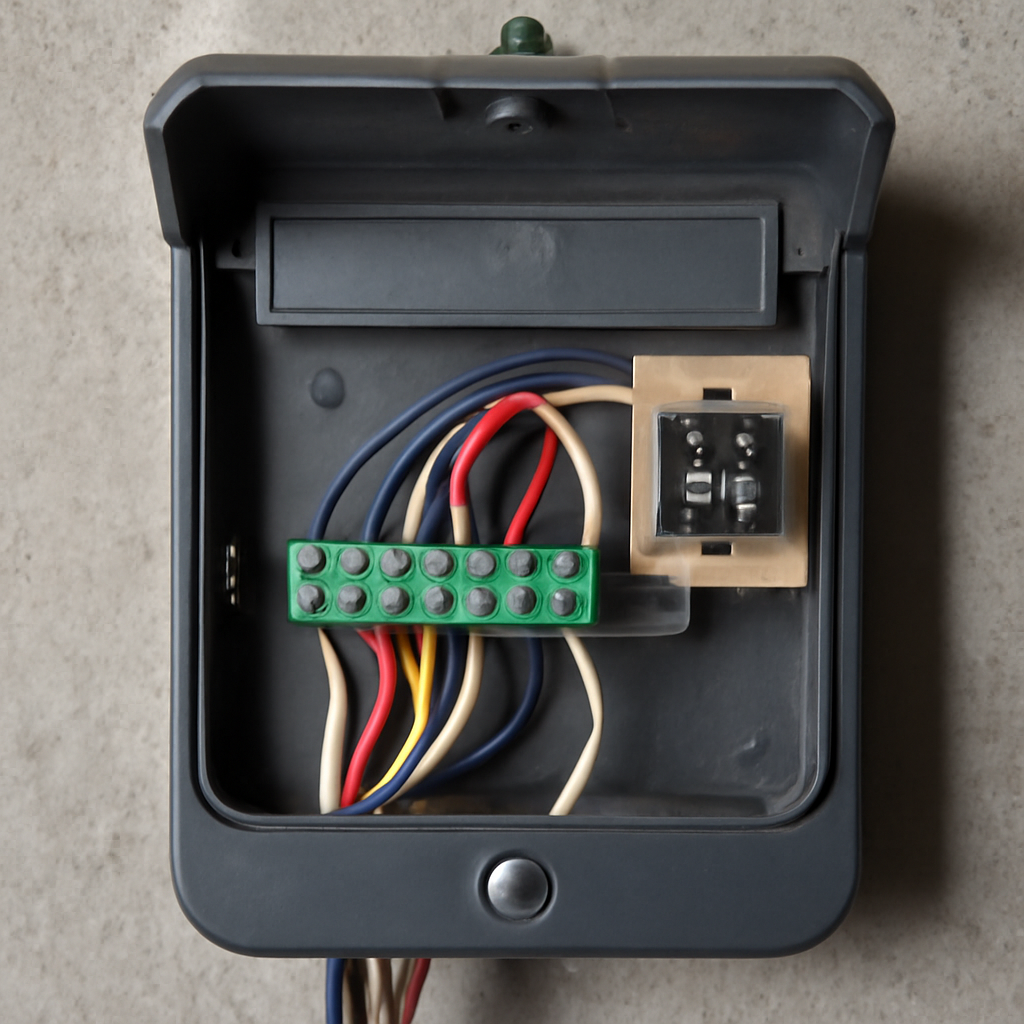 How to Program a Garage Door Opener (With or Without a Learn Button) 3 Open garage door opener receiver box showing wiring and DIP switch panel