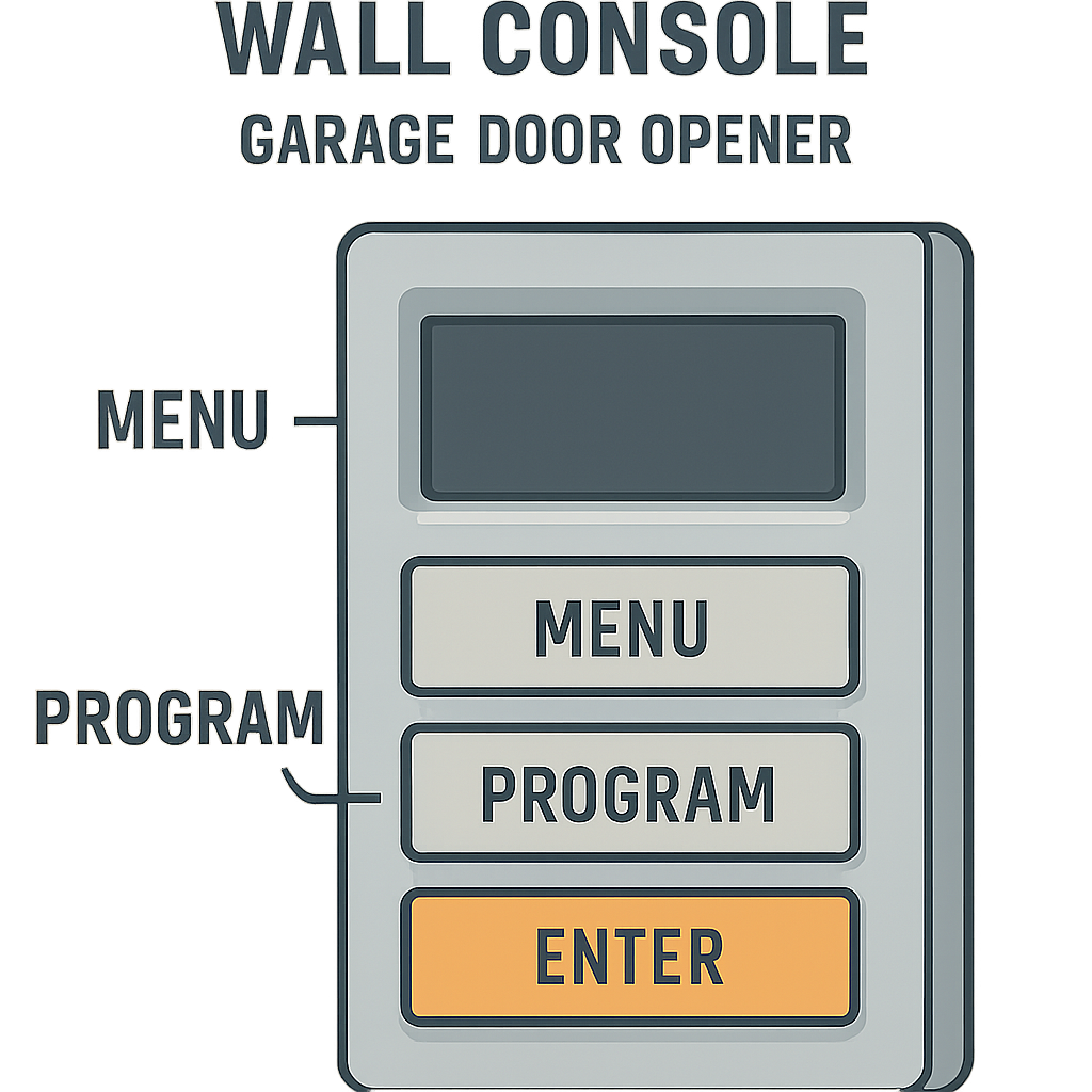 How to Program a Garage Door Opener (With or Without a Learn Button) 6 Wall console diagram with labeled Menu Program and Enter buttons