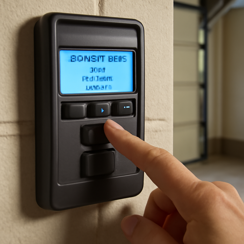 How to Program a Garage Door Opener (With or Without a Learn Button) 5 Hand pressing buttons on wall-mounted garage door opener console