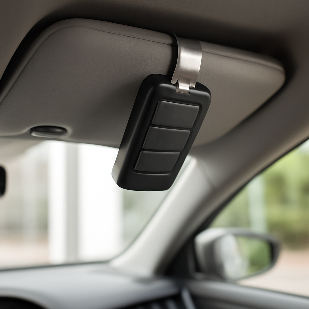 heavy duty garage door opener clip attached to thick car sun visor