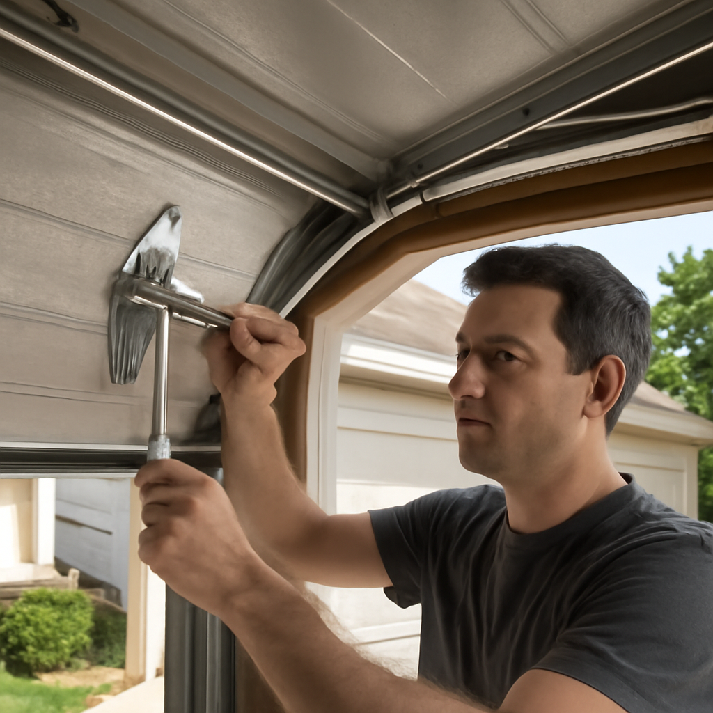 Best Garage Door Hinges in 2026 (By Type and Door Weight) 3 homeowner replacing garage door center hinge with socket wrench on open door
