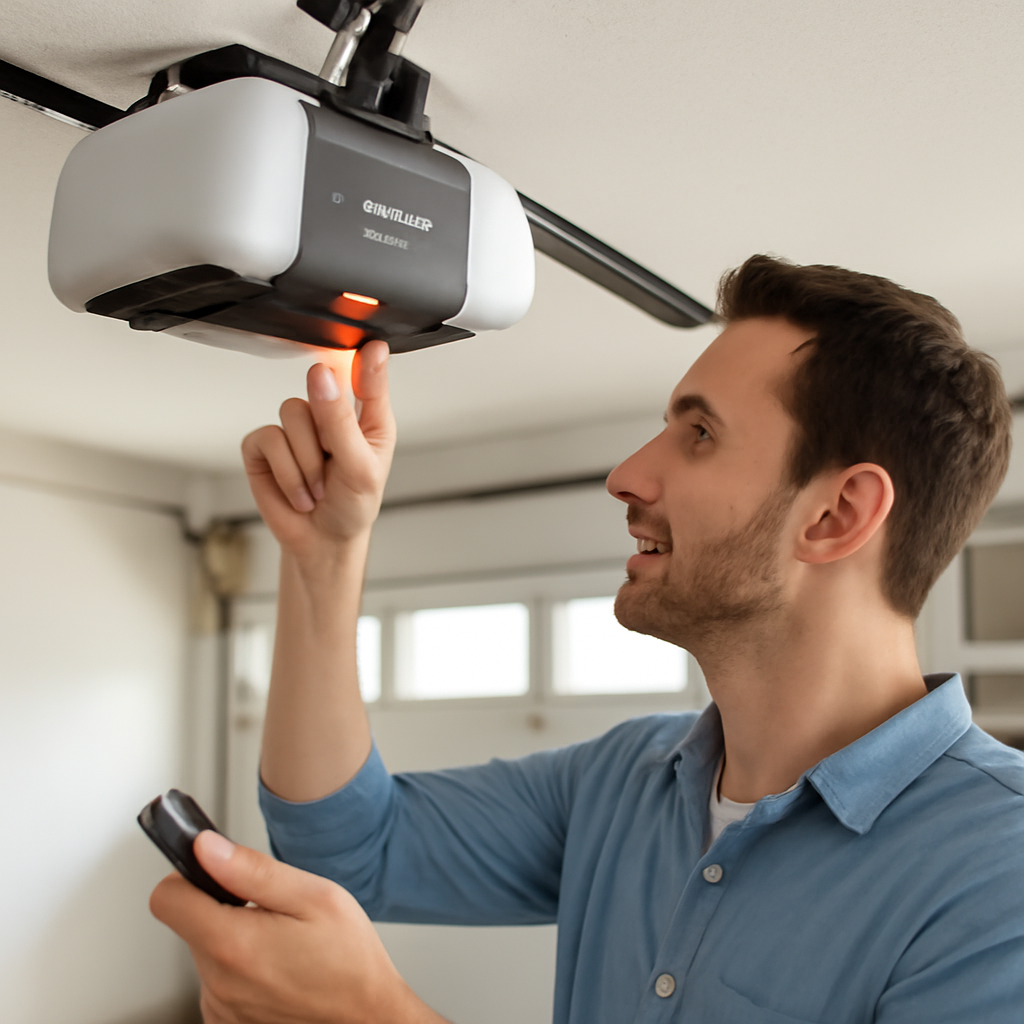 Pressing the learn button on a LiftMaster garage door opener to program a second remote