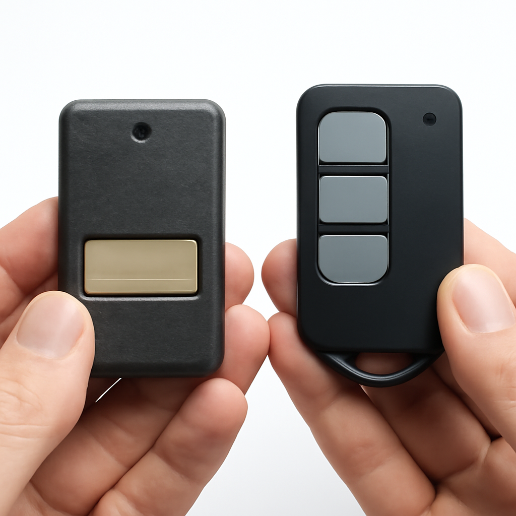 Two garage door opener remotes side by side — original and second remote