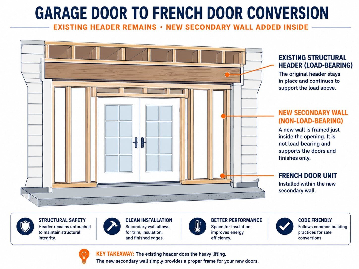 Replacing a Garage Door With French Doors: Sizing, Cost, and Permits 3 Garage door to French door conversion showing existing header remaining with new secondary wall added inside