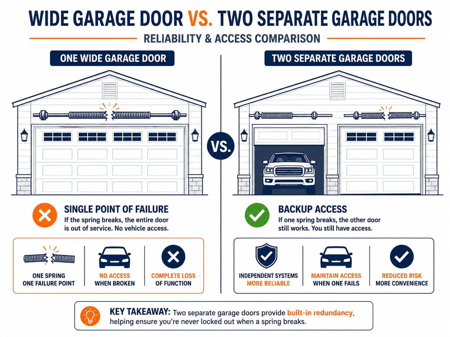 16 vs 18 Foot Garage Door: Which Size Is Best for Your Home? 7 Infographic comparing single wide garage door reliability versus two separate garage doors
