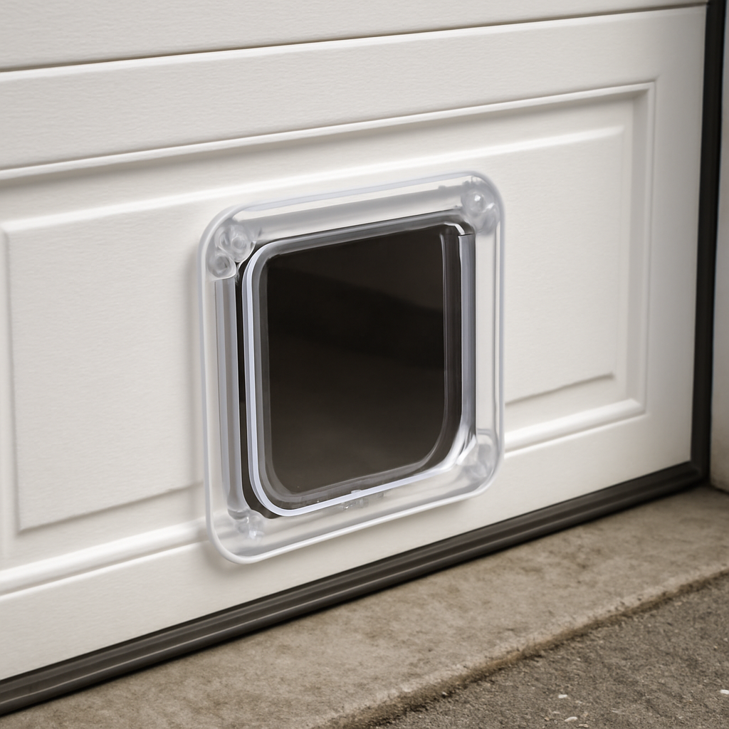 Best Cat Door for a Garage Door (2026 Picks by Door Type) 2 Close-up of a cat flap installed into a garage door panel