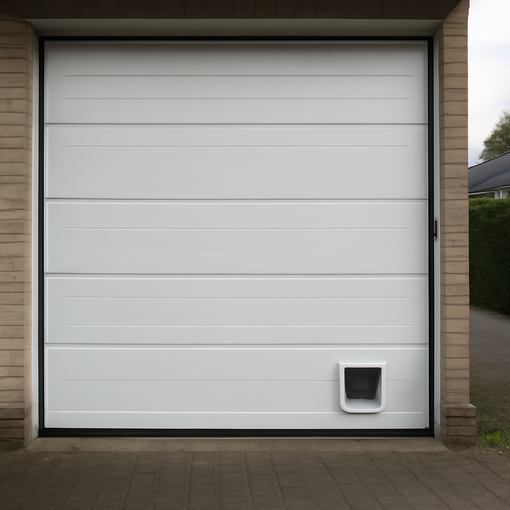 Best Cat Door for a Garage Door (2026 Picks by Door Type) 4 Cat door installed in the bottom panel of a sectional roll-up garage door