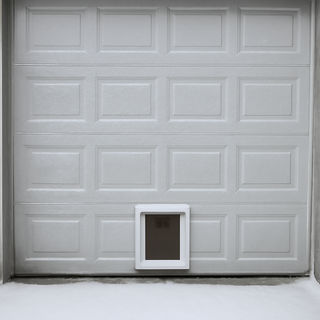 Best Cat Door for a Garage Door (2026 Picks by Door Type) 6 Insulated double-flap pet door installed in a garage door during winter