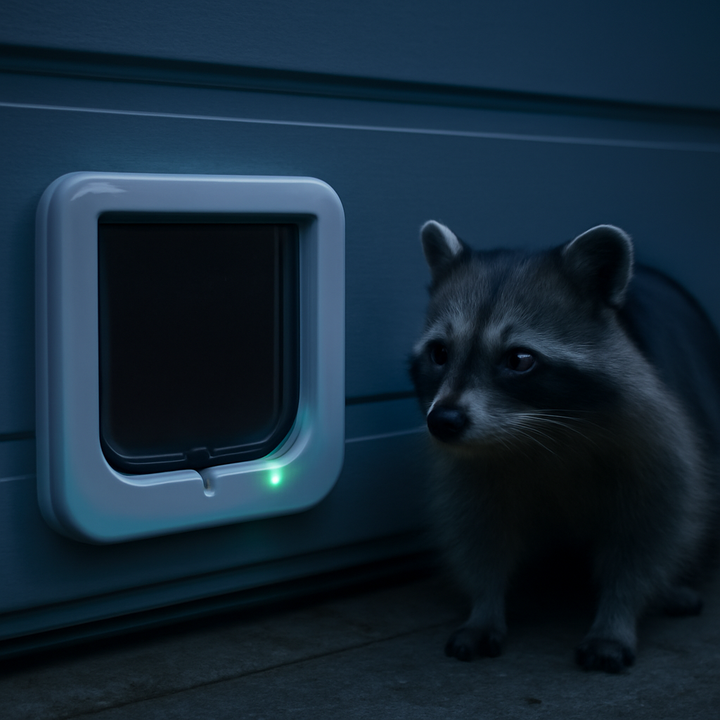 Best Cat Door for a Garage Door (2026 Picks by Door Type) 7 Electronic selective-entry pet door on a garage door keeping a raccoon out