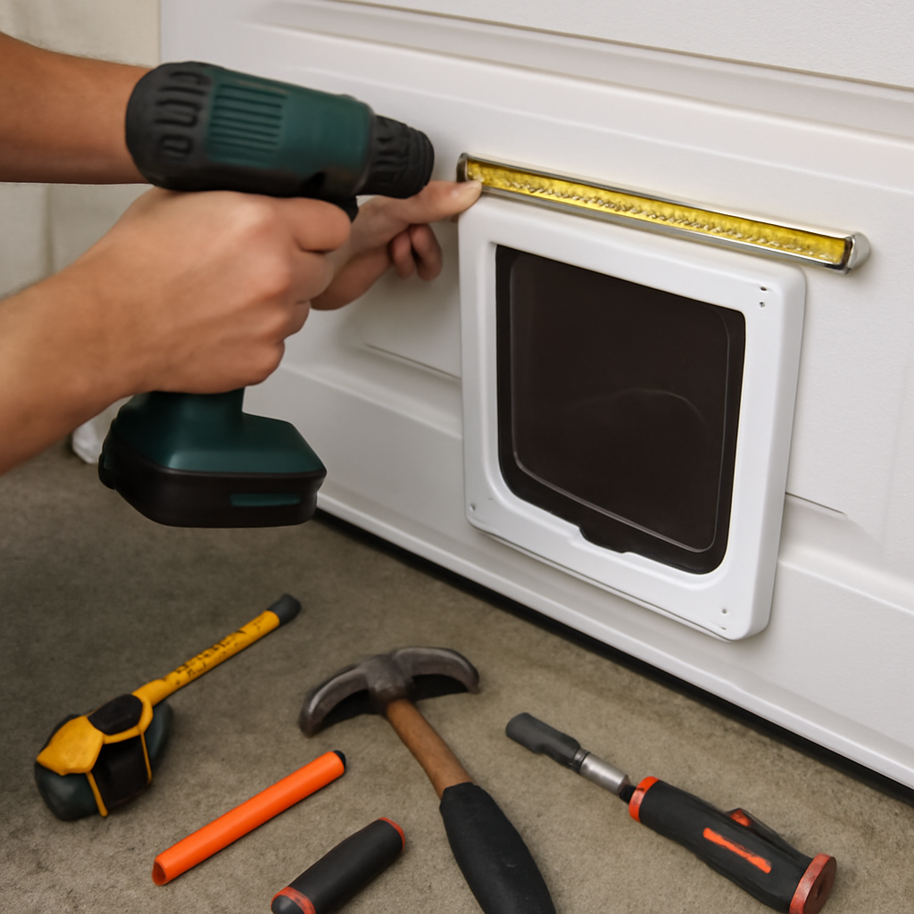 Best Cat Door for a Garage Door (2026 Picks by Door Type) 8 Installing a cat door into a garage door panel using a drill and measuring tape