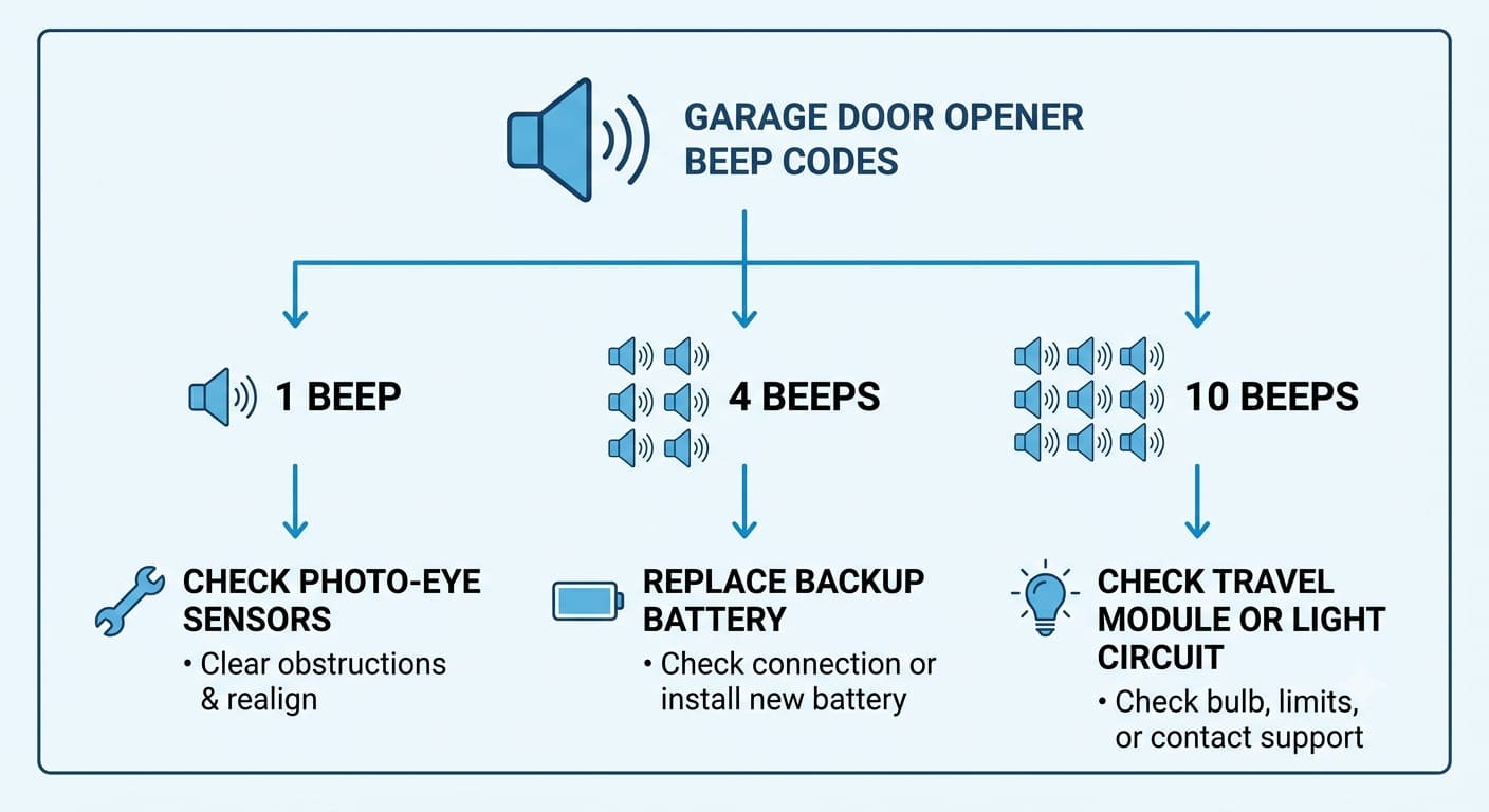 Infographic decision diagram showing different Chamberlain garage door opener beep counts and their fixes