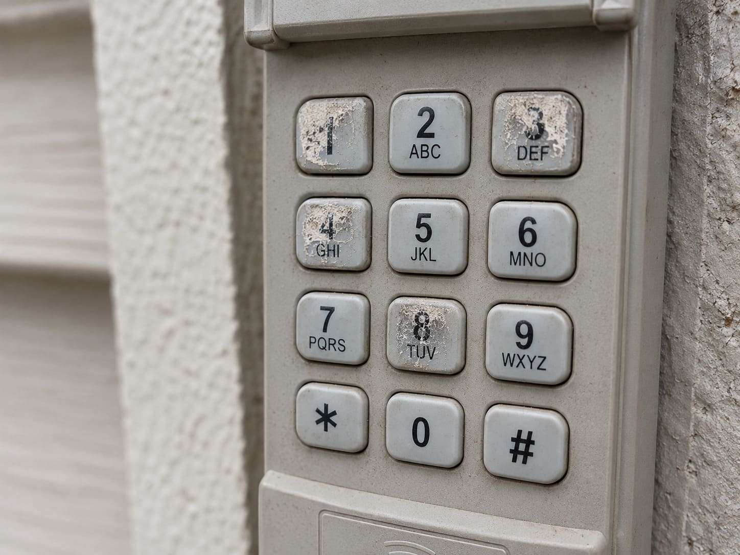 Close-up of outdoor garage door keypad buttons for entering current PIN