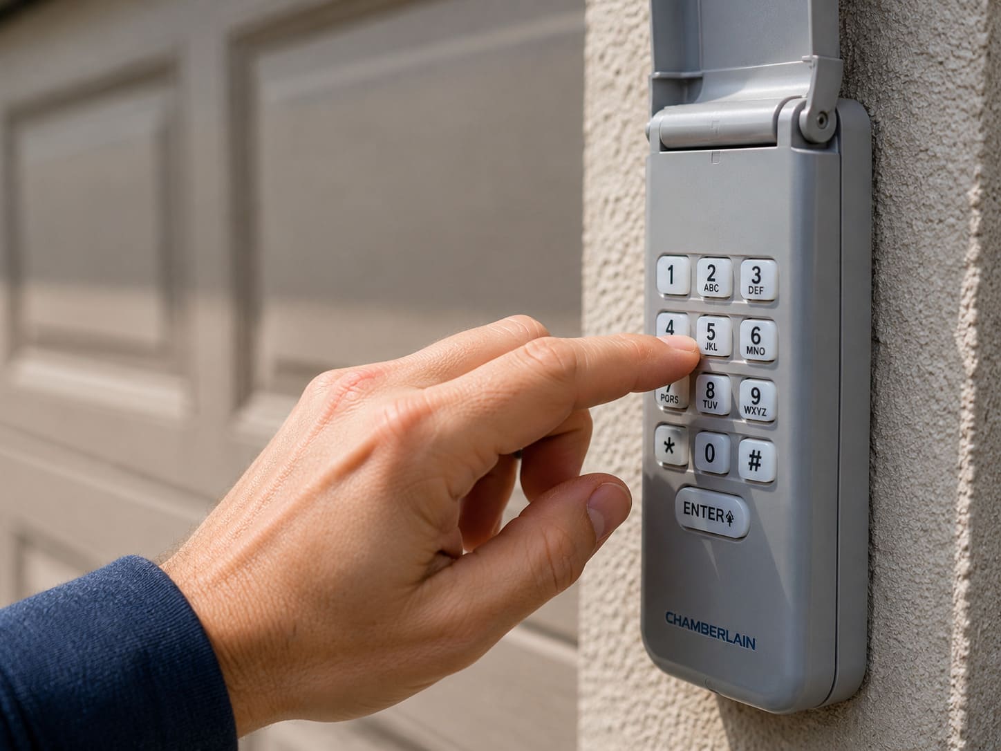 Close-up of faded and worn number buttons on outdoor garage door keypad