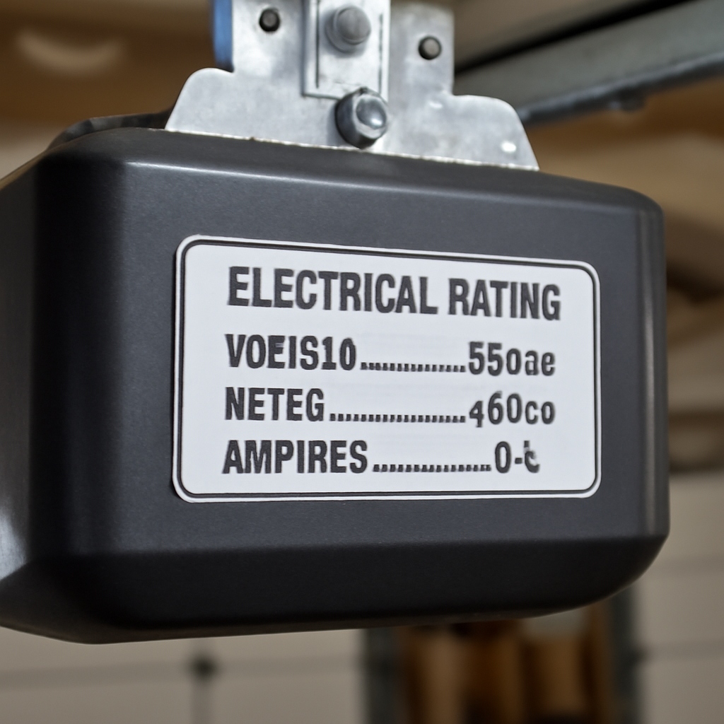 Genie Garage Door Opener Amp Draw: Full Circuit Guide 3 Close-up of a garage door opener electrical rating nameplate showing voltage and amperage