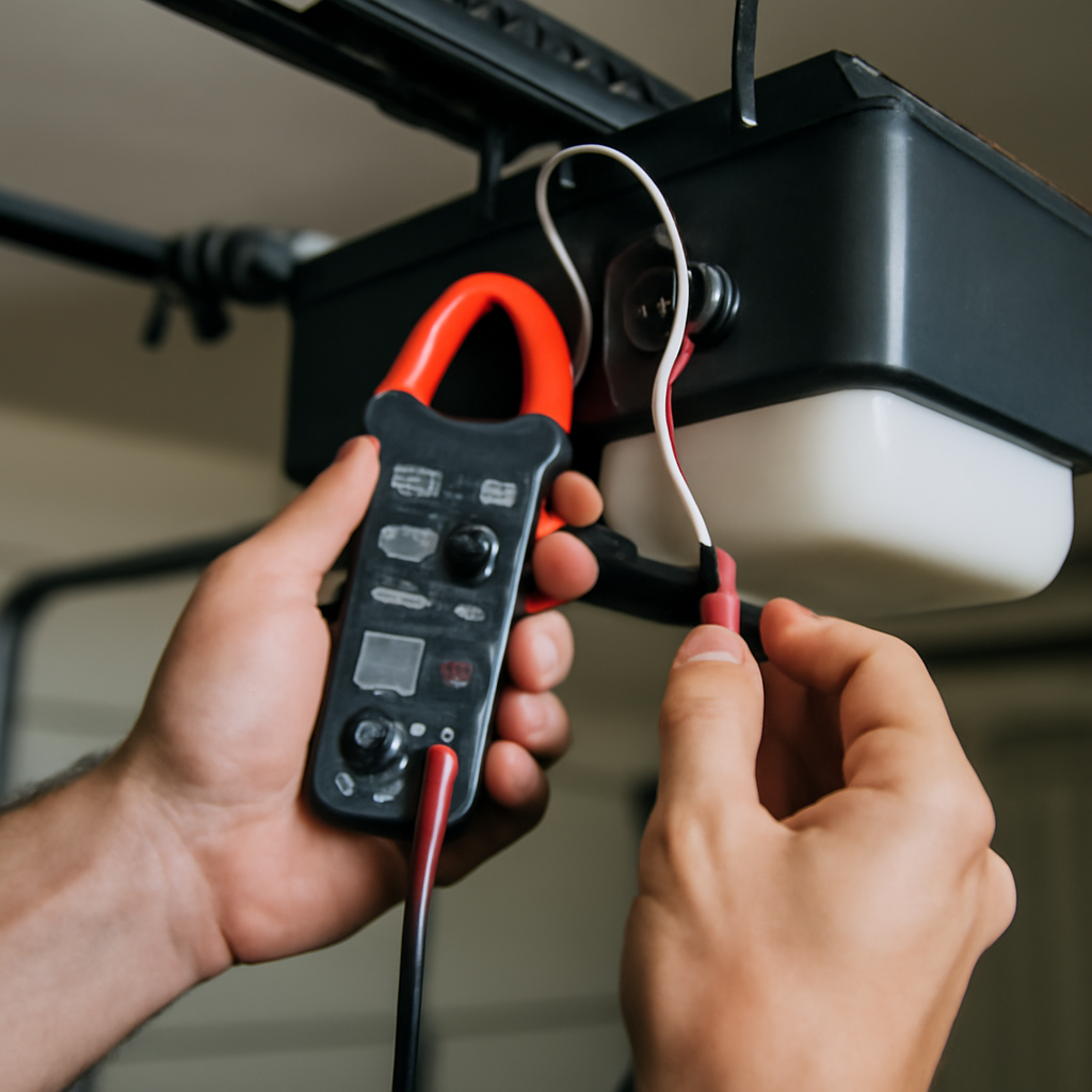 Technician measuring garage door opener motor electrical current with clamp meter