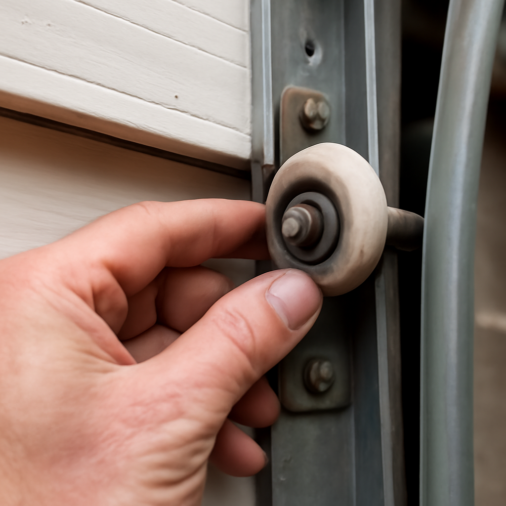 LiftMaster Error Code 42: Causes, Fixes and When to Call a Pro 4 Hand inspecting a garage door roller and track for alignment