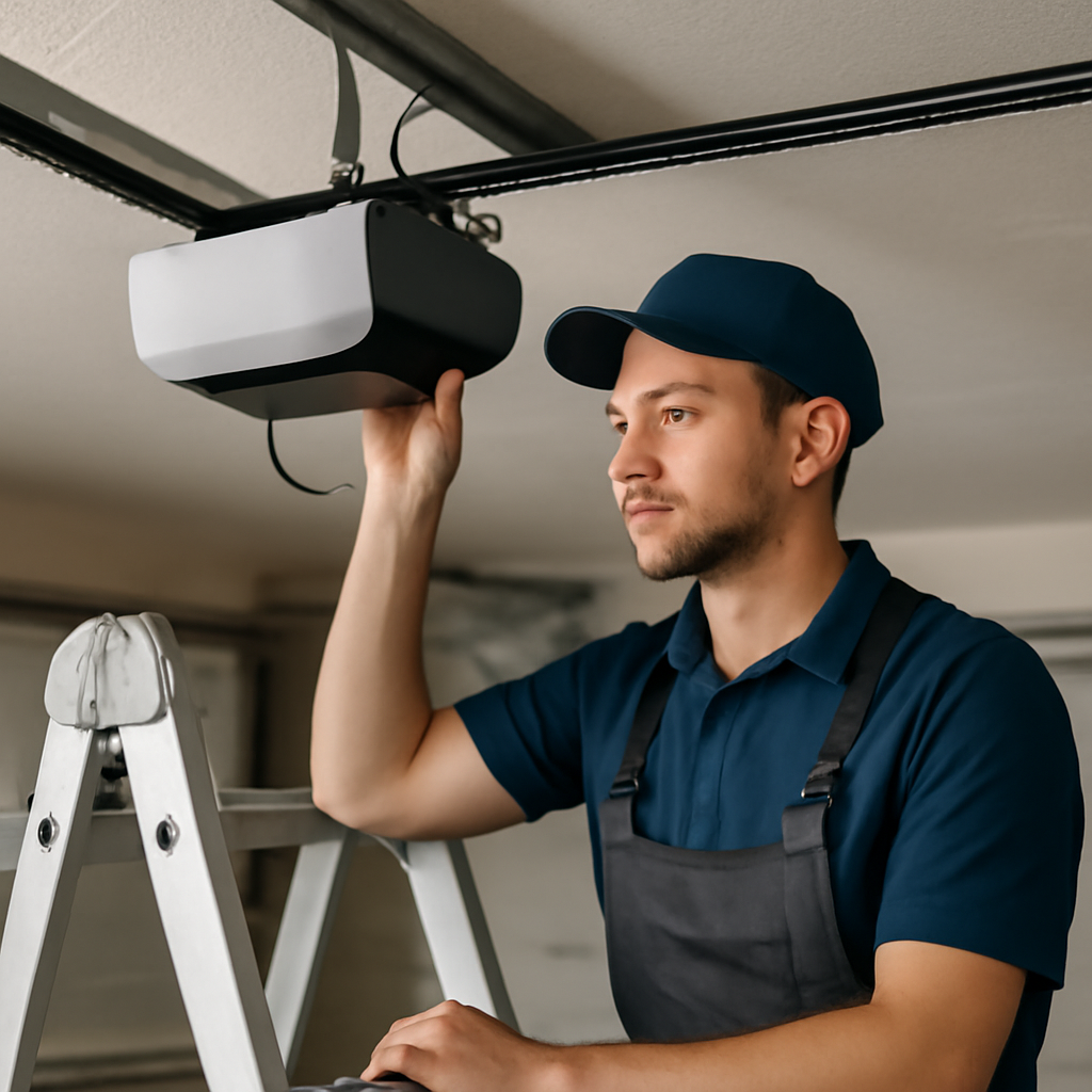 LiftMaster Error Code 42: Causes, Fixes and When to Call a Pro 7 Technician on a ladder inspecting a ceiling-mounted garage door opener