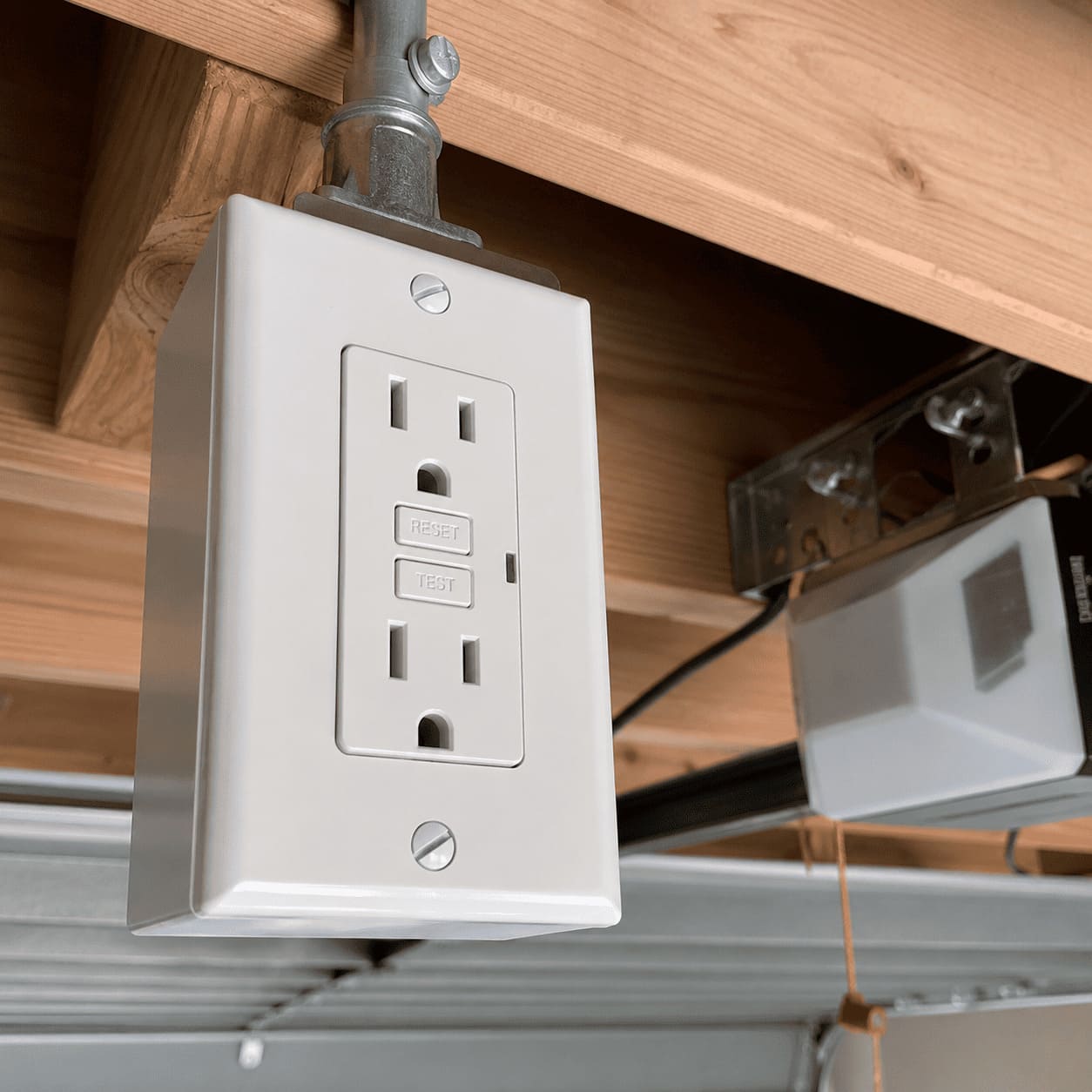 Does a Garage Door Opener Need a Dedicated Circuit? (NEC Rules) 4 GFCI protected outlet mounted on garage ceiling near garage door opener