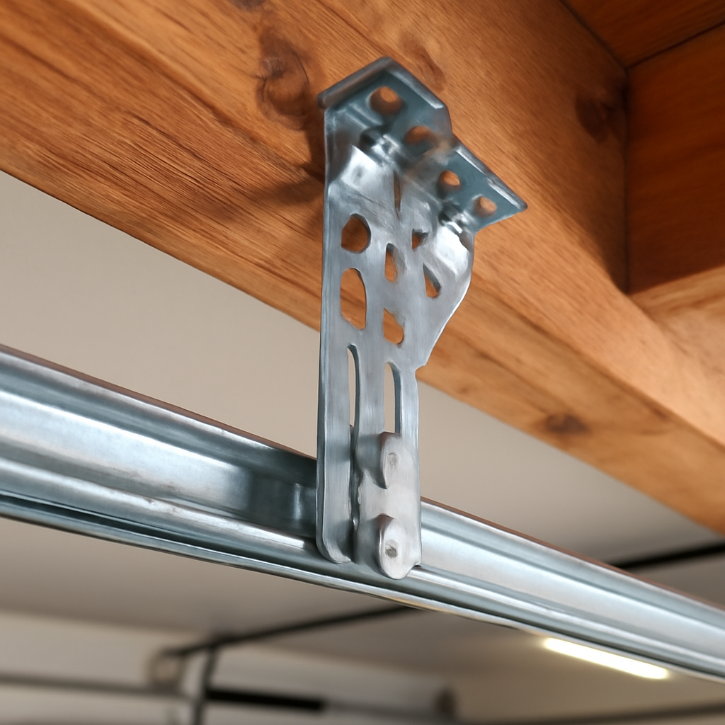 Garage door opener rail mounting bracket attached to ceiling joist