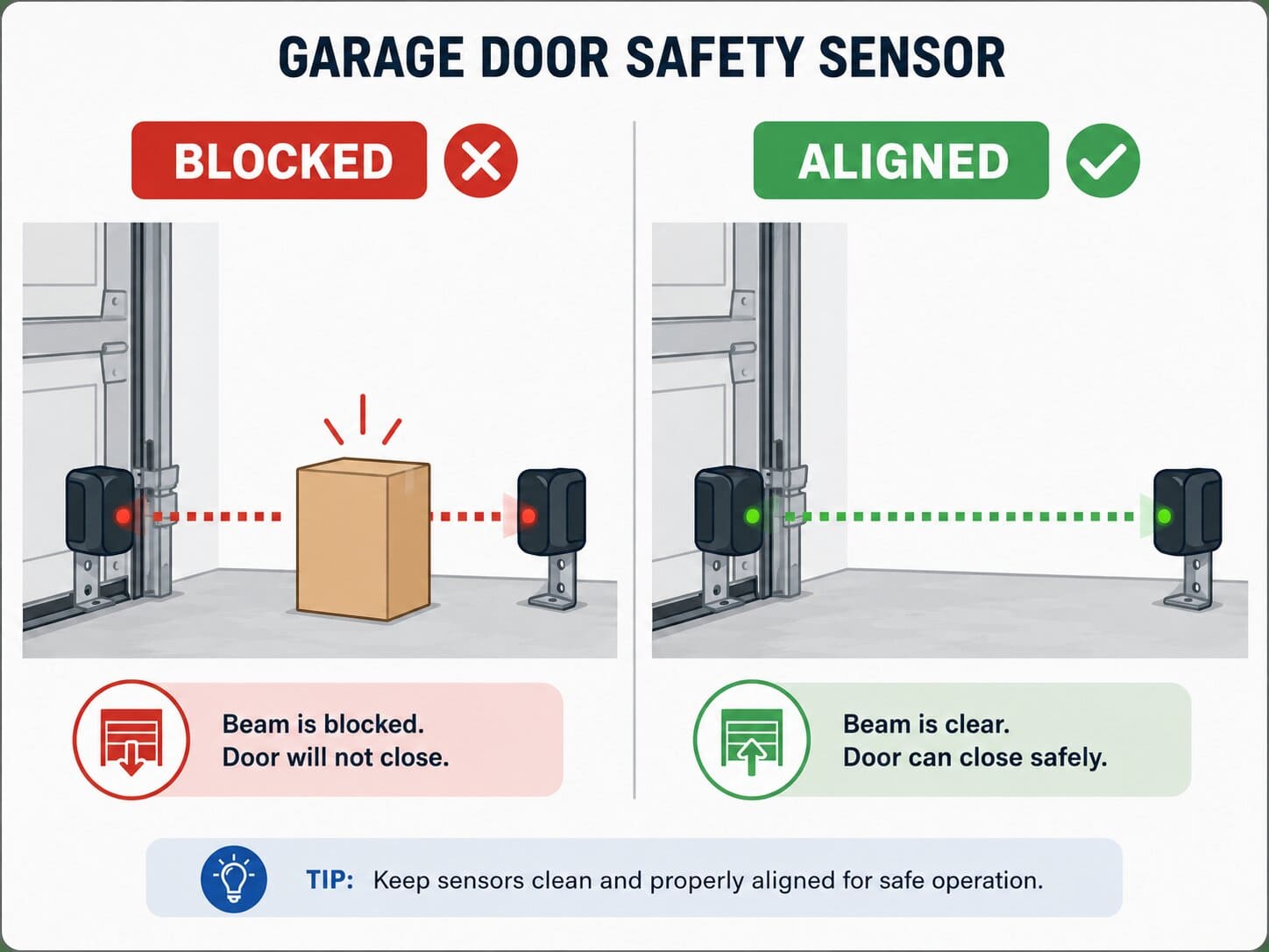 Infographic comparing a blocked garage door safety sensor beam versus a properly aligned sensor beam