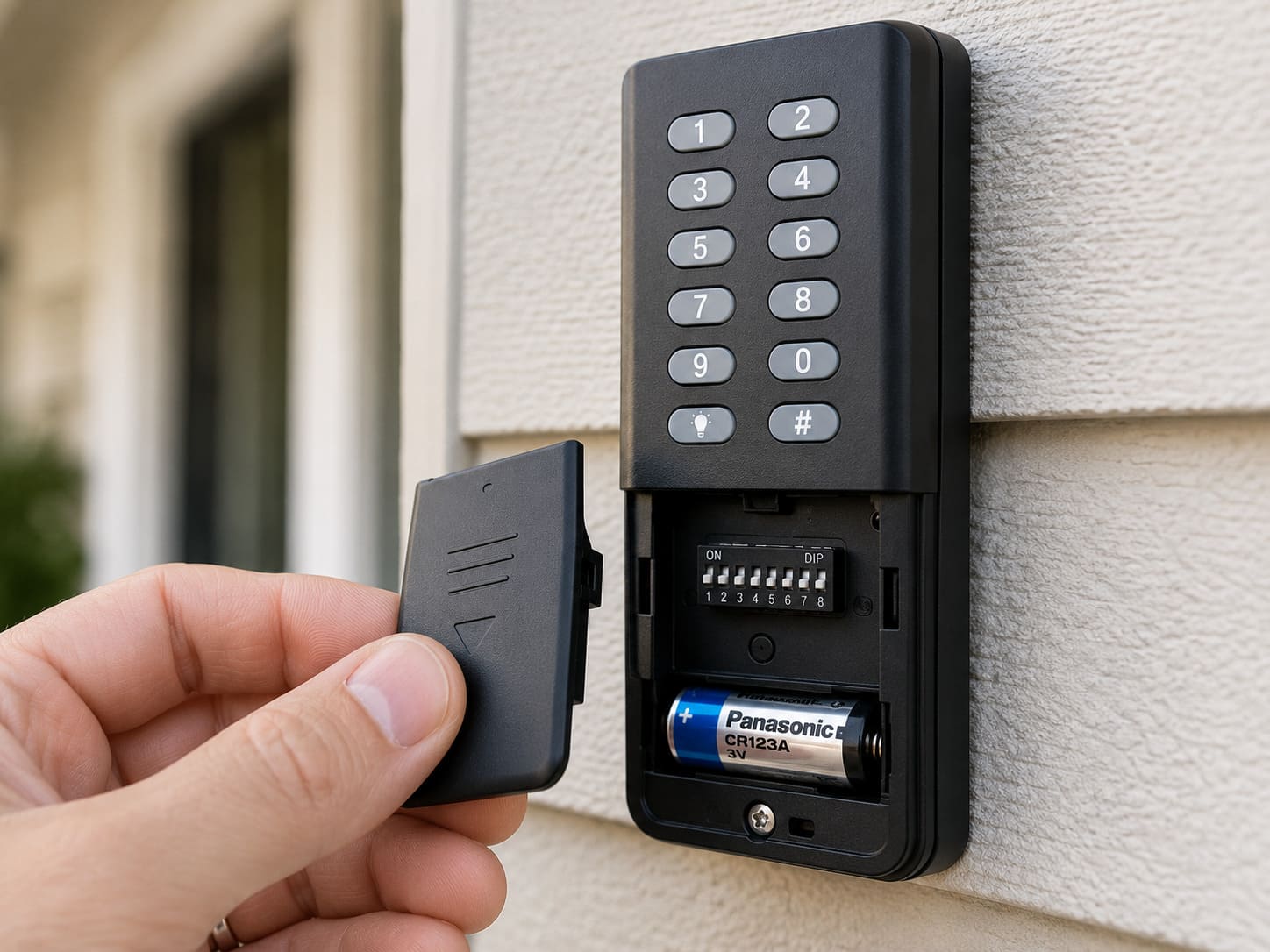 Genie Garage Door Opener No Learn Button: DIP Switch Fix Guide 2 Hand removing battery cover from Genie wireless keypad showing DIP switches inside
