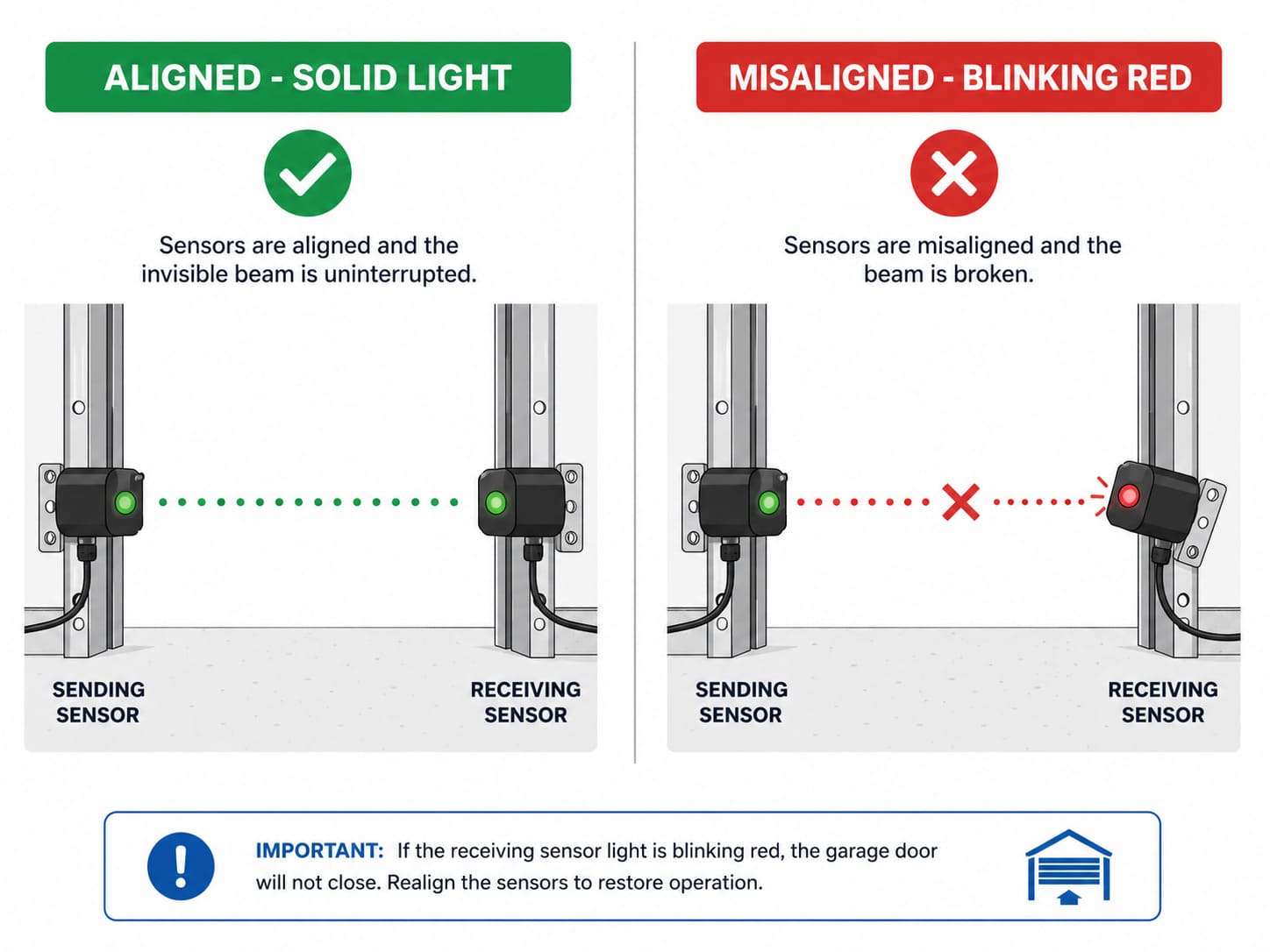 Genie Garage Door Sensor Blinking Red 3 Times: Fix It in 5 Minutes 2 Infographic showing garage door sensor aligned with solid light versus misaligned with blinking red light