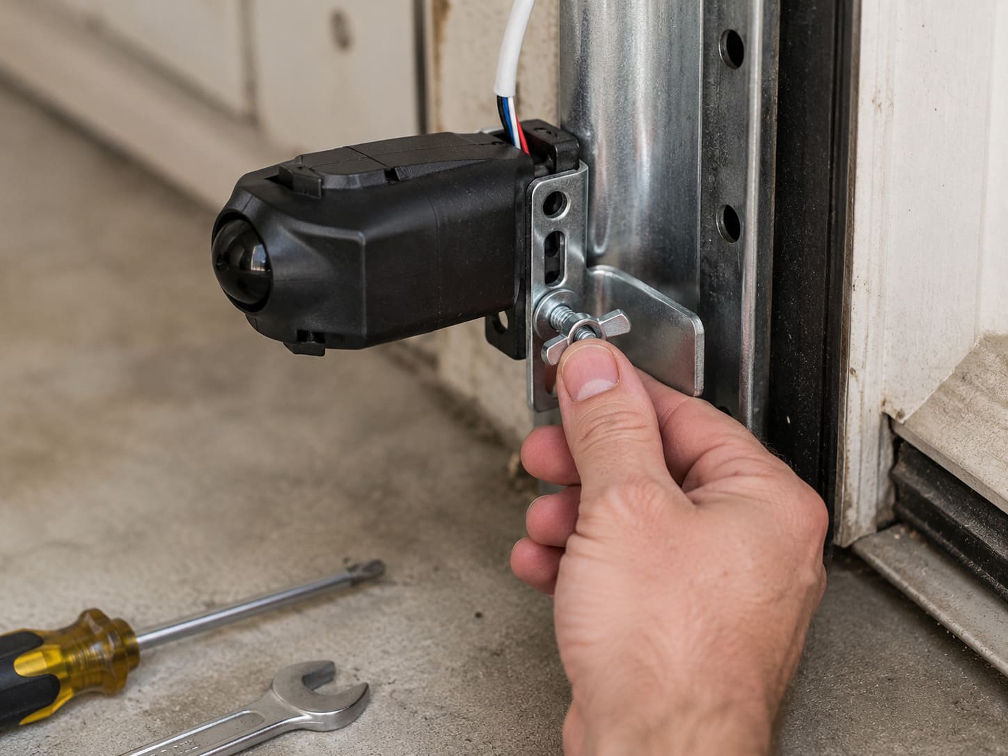 Genie Garage Door Sensor Blinking Red 3 Times: Fix It in 5 Minutes 4 Close-up of hand adjusting Genie garage door sensor mounting bracket
