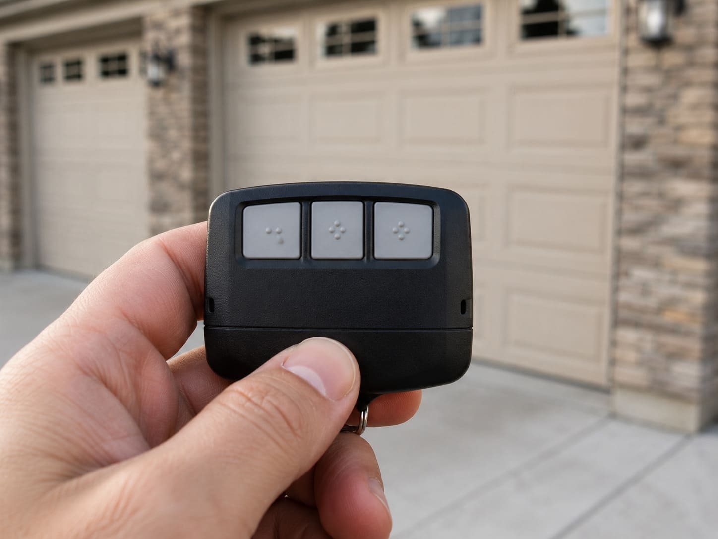 Hand holding a 3-button LiftMaster garage door remote control with garage door in background