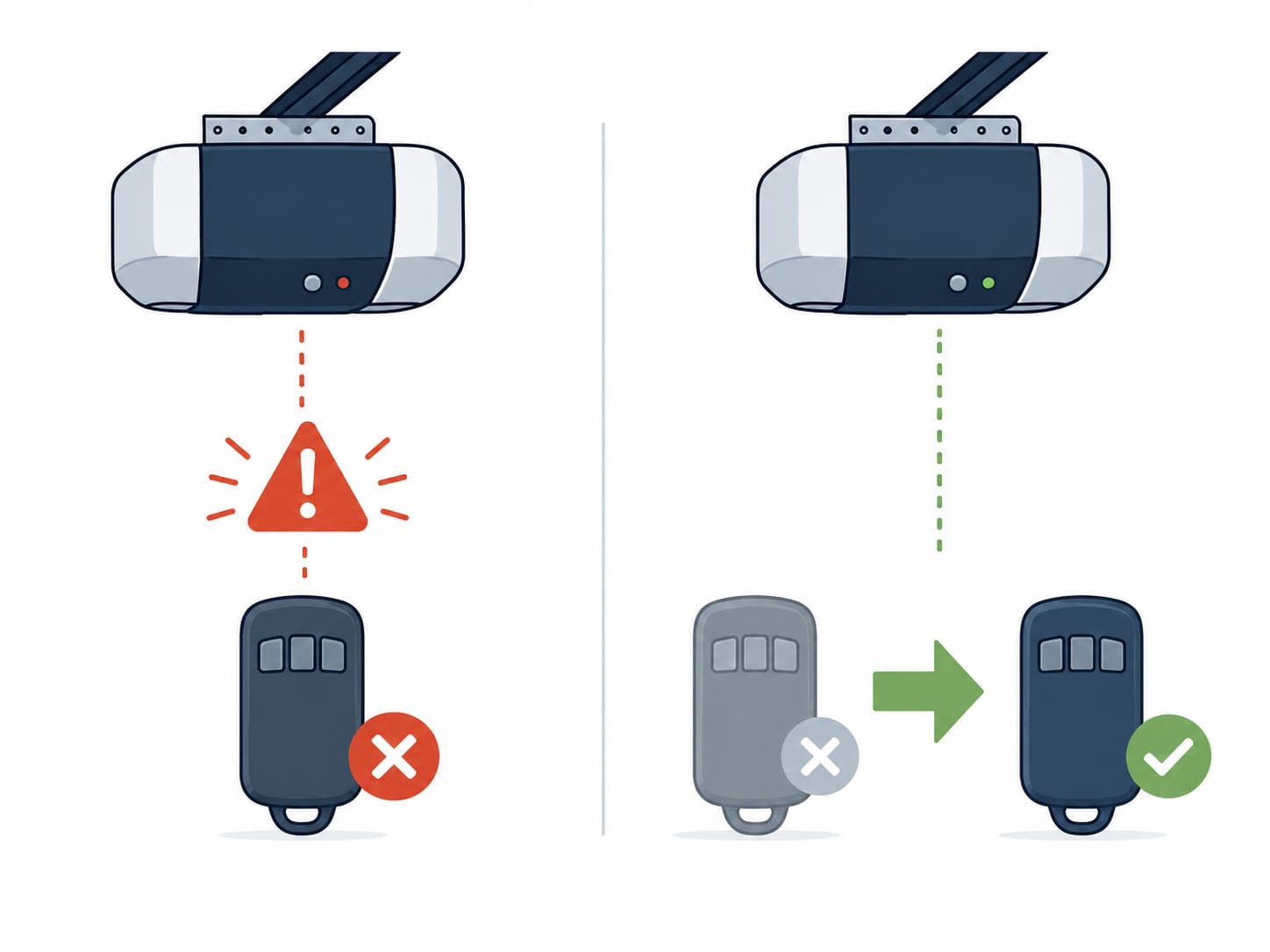 Diagram comparing LiftMaster openers that reject a new remote versus openers that overwrite the oldest remote when memory is full