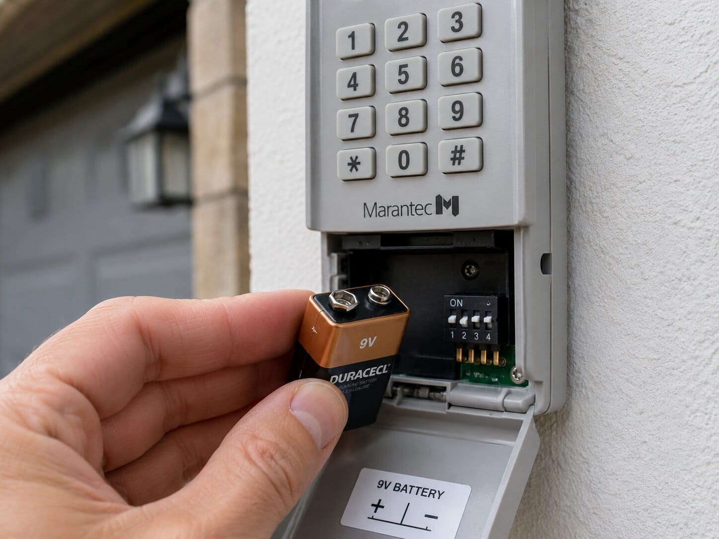 Hand inserting a fresh 9V battery into an open Marantec garage door keypad battery compartment