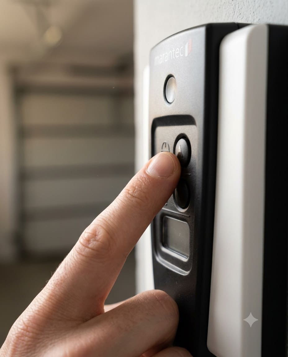 Hand pressing a wall-mounted Marantec garage door opener control button to clear an error code