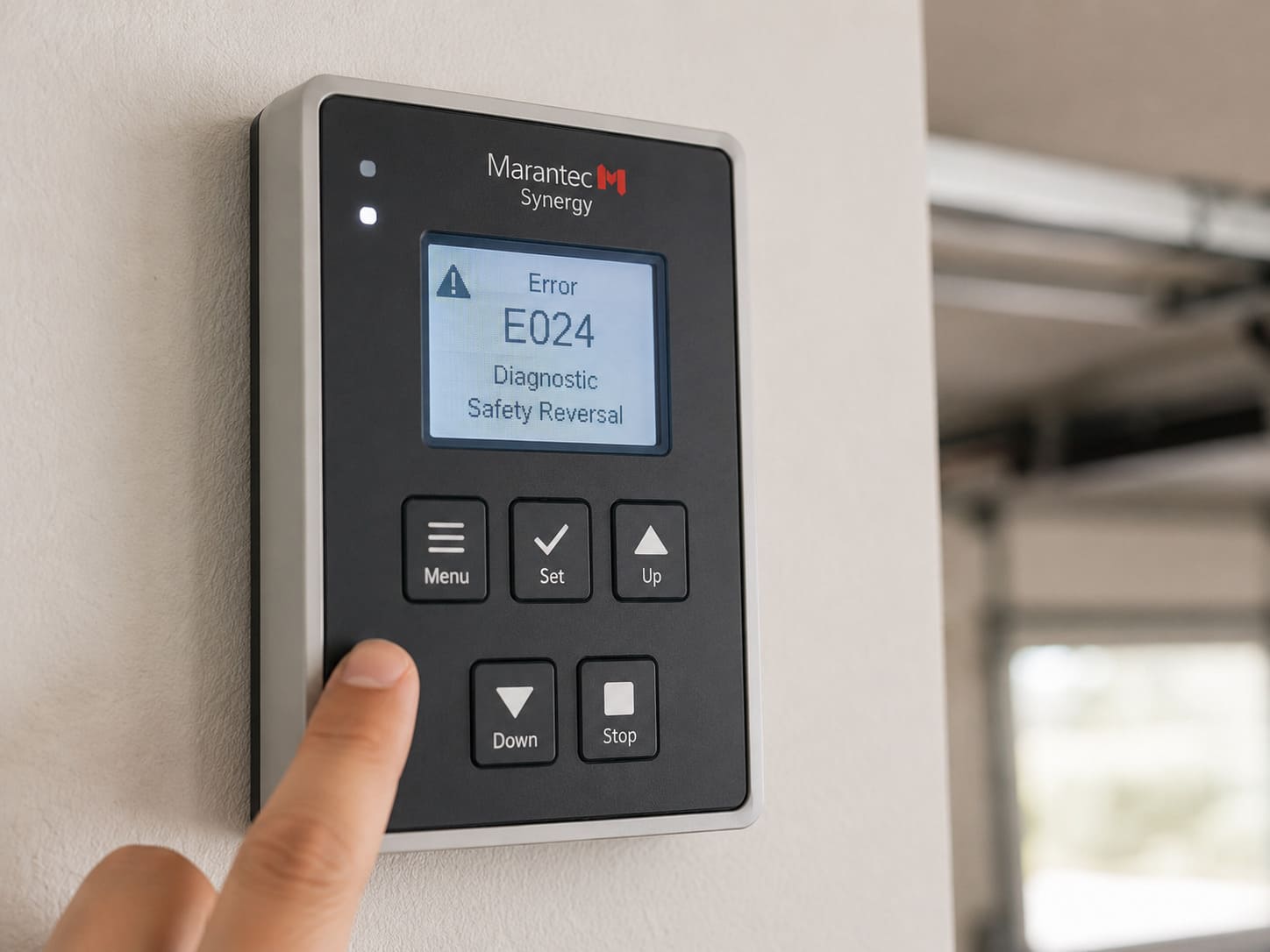 Marantec Synergy 360 wall-mounted control panel LCD screen displaying a diagnostic error code