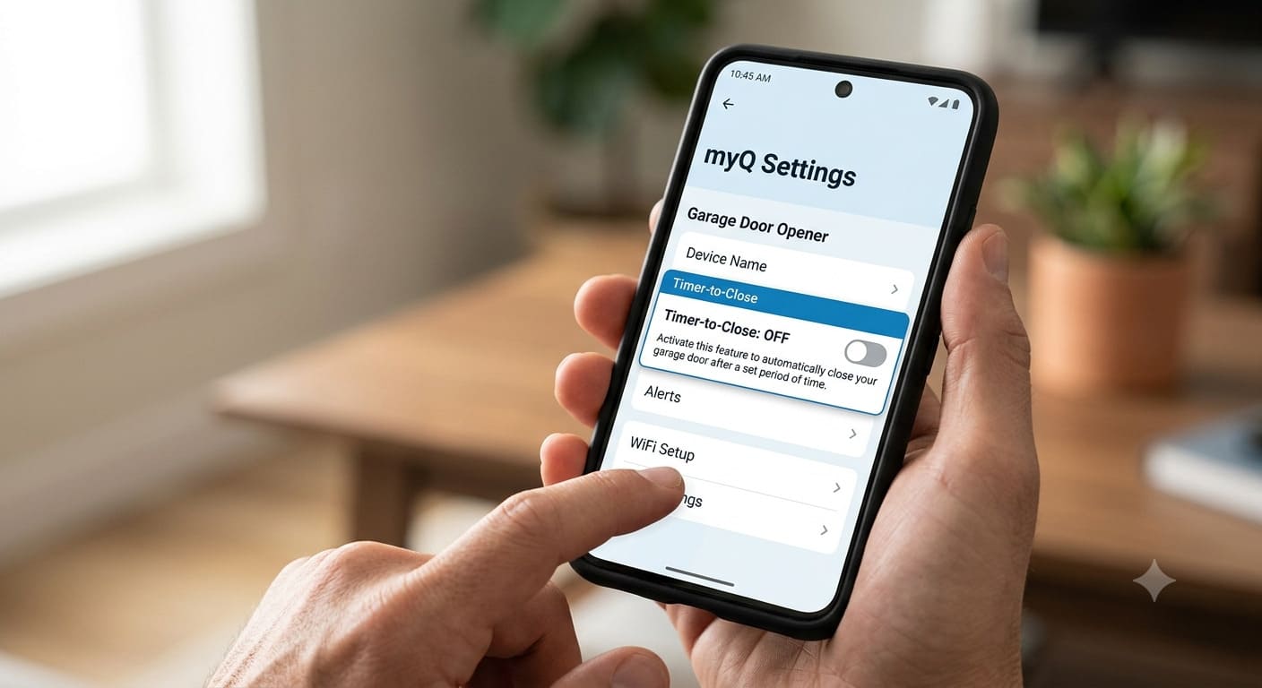 Smartphone showing myQ app settings screen with Timer-to-Close toggle switch
