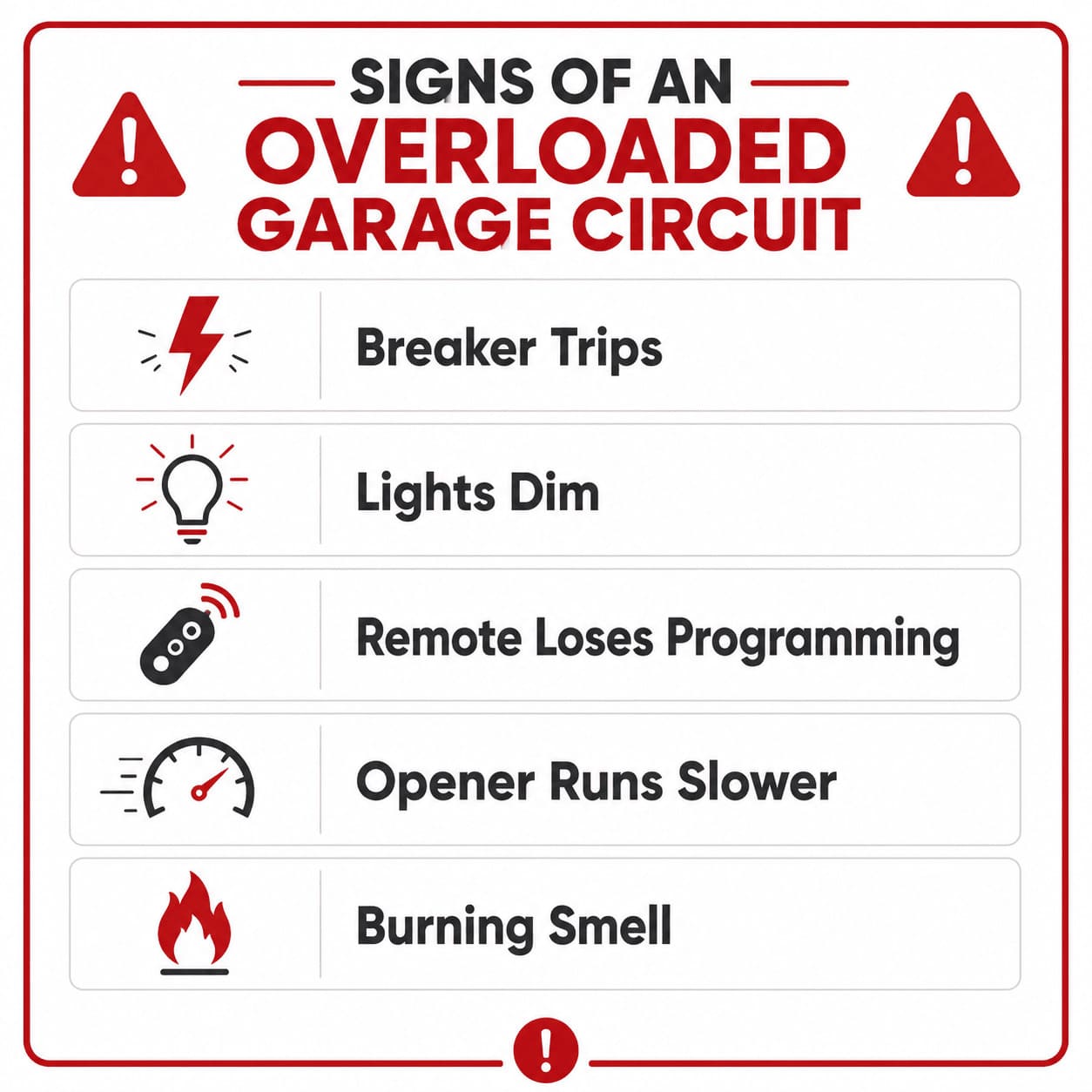 Does a Garage Door Opener Need a Dedicated Circuit? (NEC Rules) 6 Infographic listing signs of an overloaded garage circuit