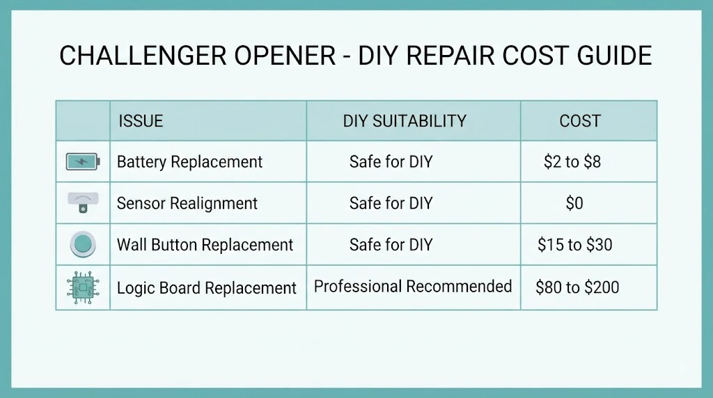 Challenger garage door opener DIY repair cost guide table with DIY suitability and price ranges