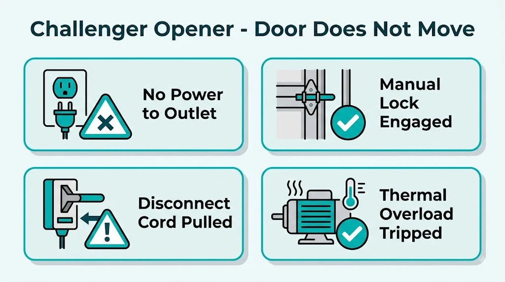 Checklist for Challenger garage door opener door not moving: no power, manual lock, disconnect cord, thermal overload