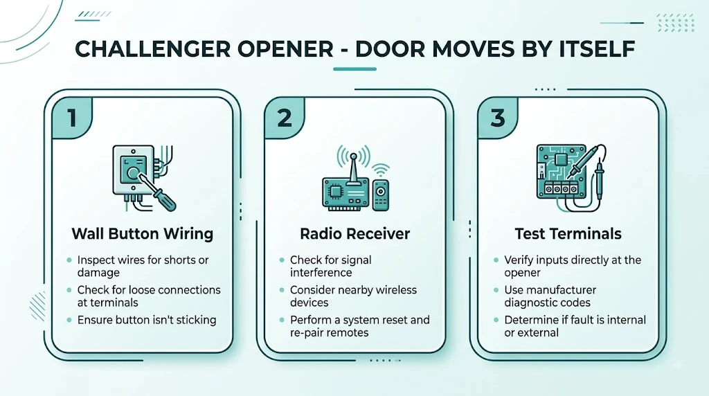 Three causes of Challenger garage door opening or closing by itself: wall button wiring, radio receiver interference, test terminals
