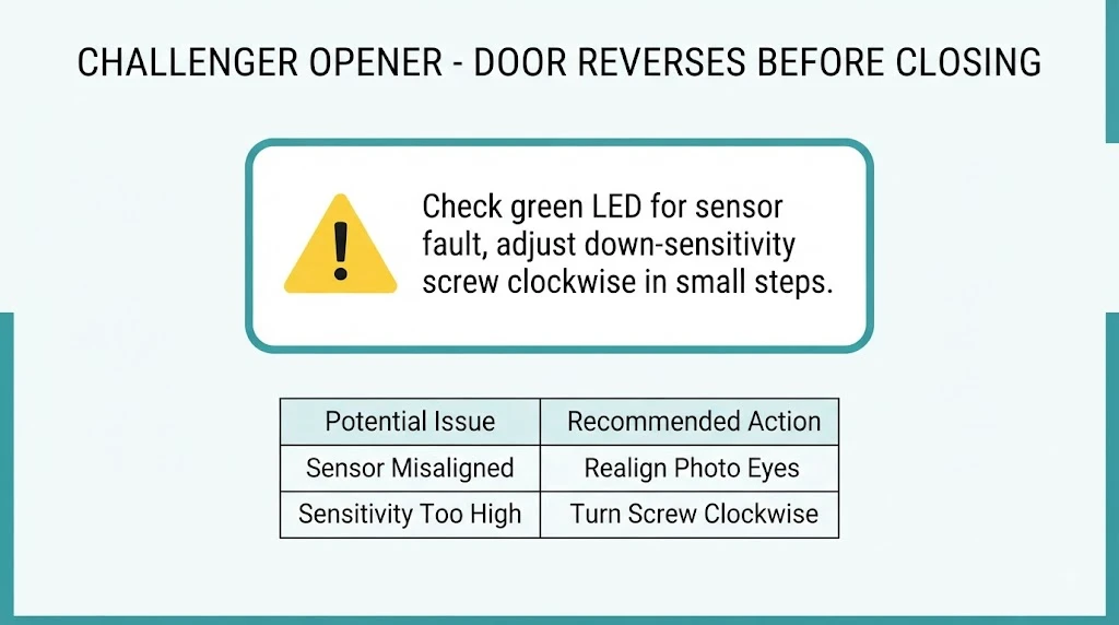 Challenger garage door opener door reverses before closing sensor and sensitivity fix table