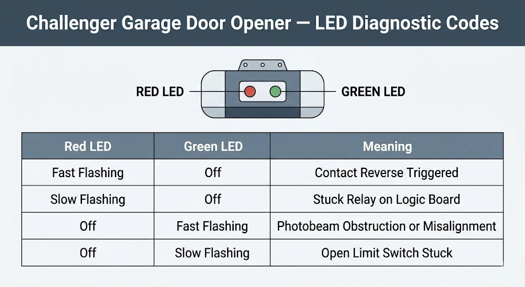 Challenger garage door opener LED diagnostic codes chart showing red and green LED meanings