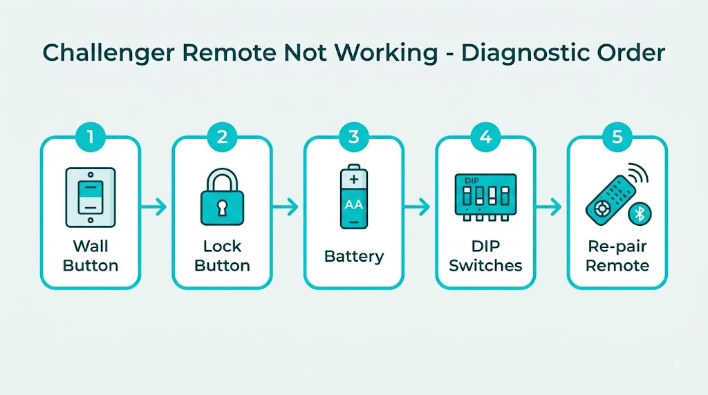 Five step diagnostic order for Challenger garage door opener remote not working: wall button, lock button, battery, DIP switches, re-pair remote