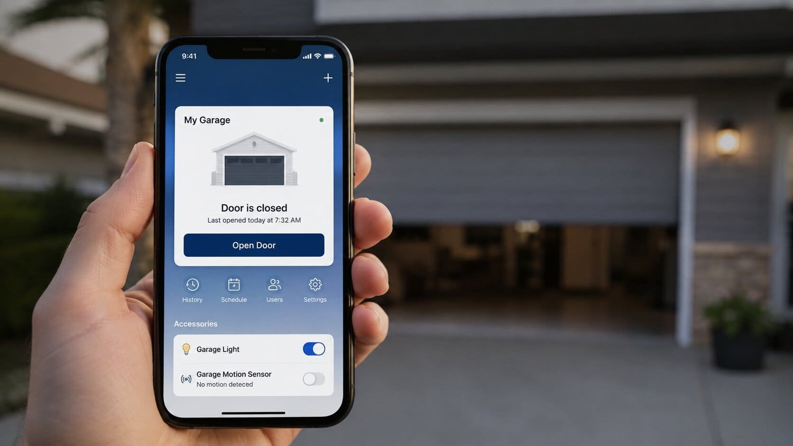 Compact belt-drive Chamberlain garage door opener in a single-car garage
