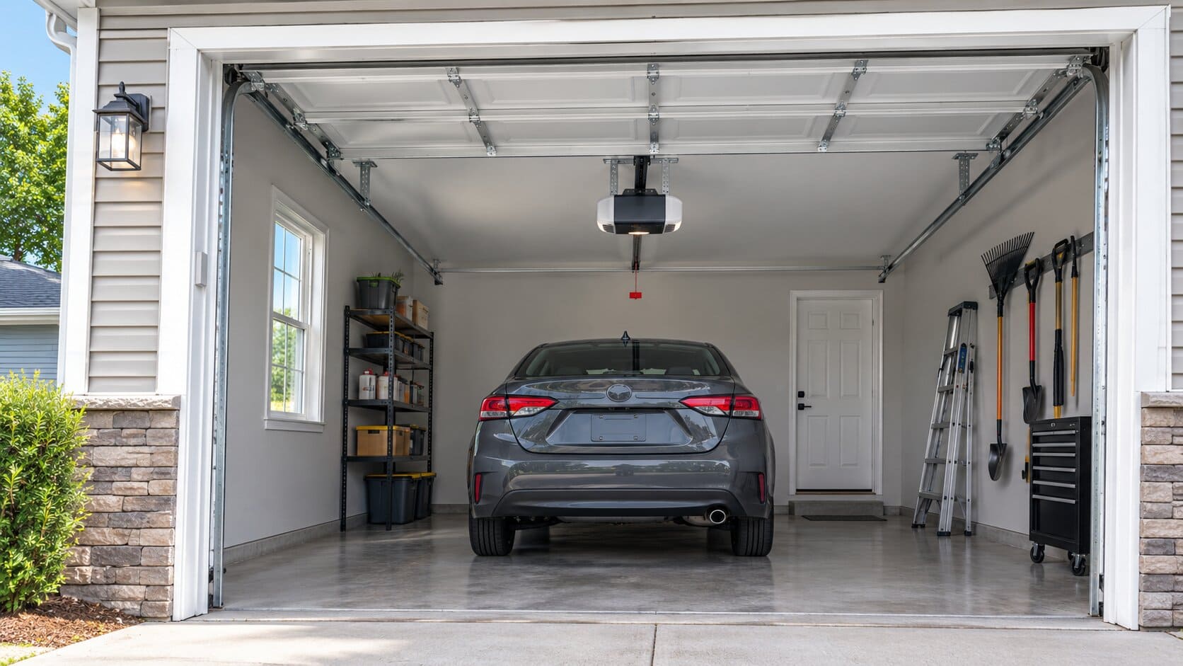 Best Chamberlain Garage Door Opener in 2026 (By Model) 2 Chamberlain garage door opener mounted on ceiling above a car in a clean garage