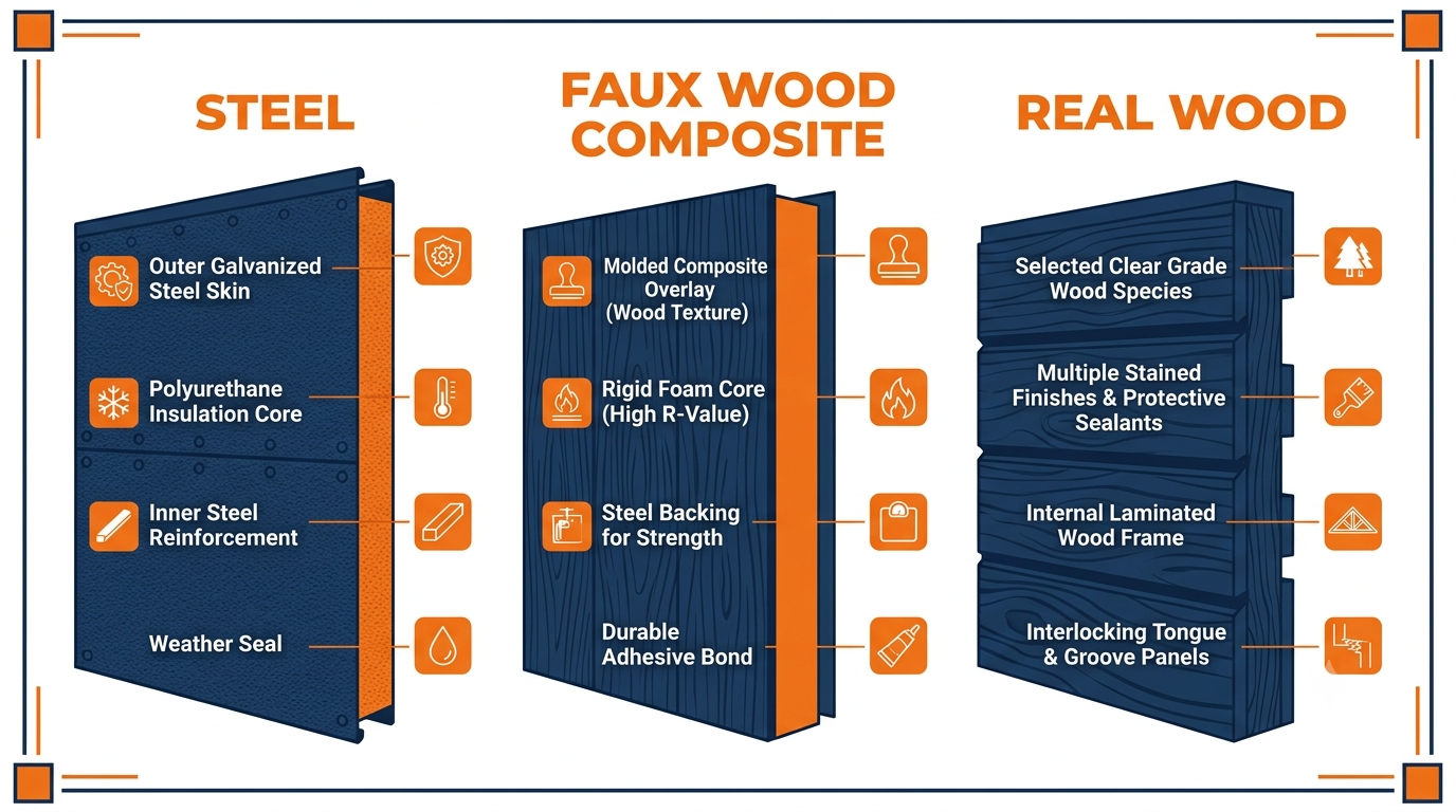 Garage door material comparison showing steel, faux wood composite, and real wood cross-sections