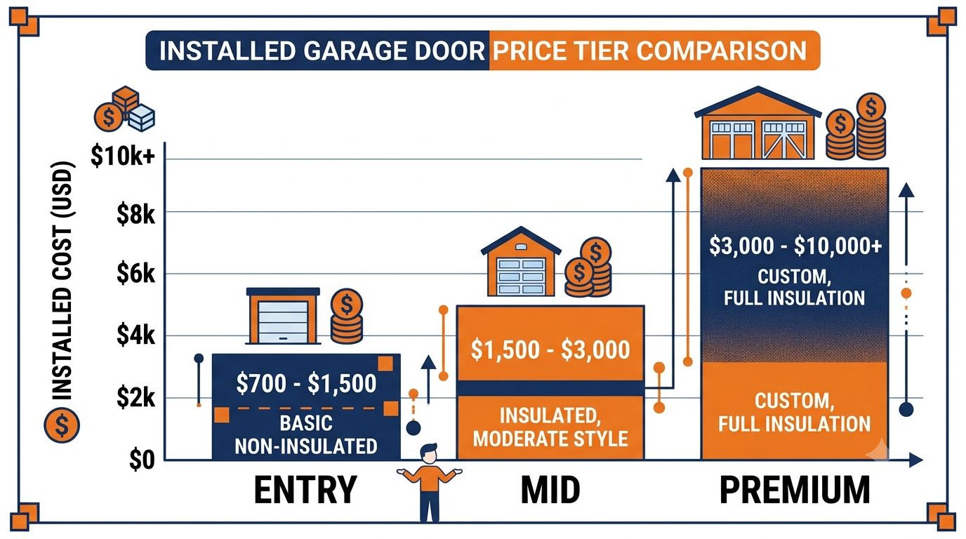 Installed garage door price comparison chart by entry, mid, and premium tier