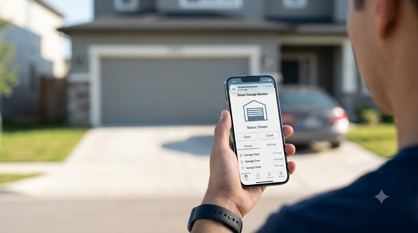 Homeowner checking a garage door smart monitor app on a smartphone
