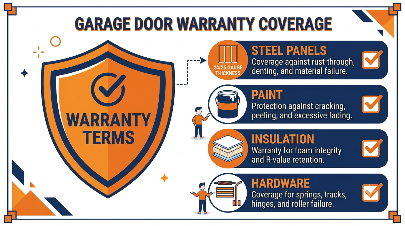 Garage door warranty coverage checklist for steel panels, paint, insulation, and hardware